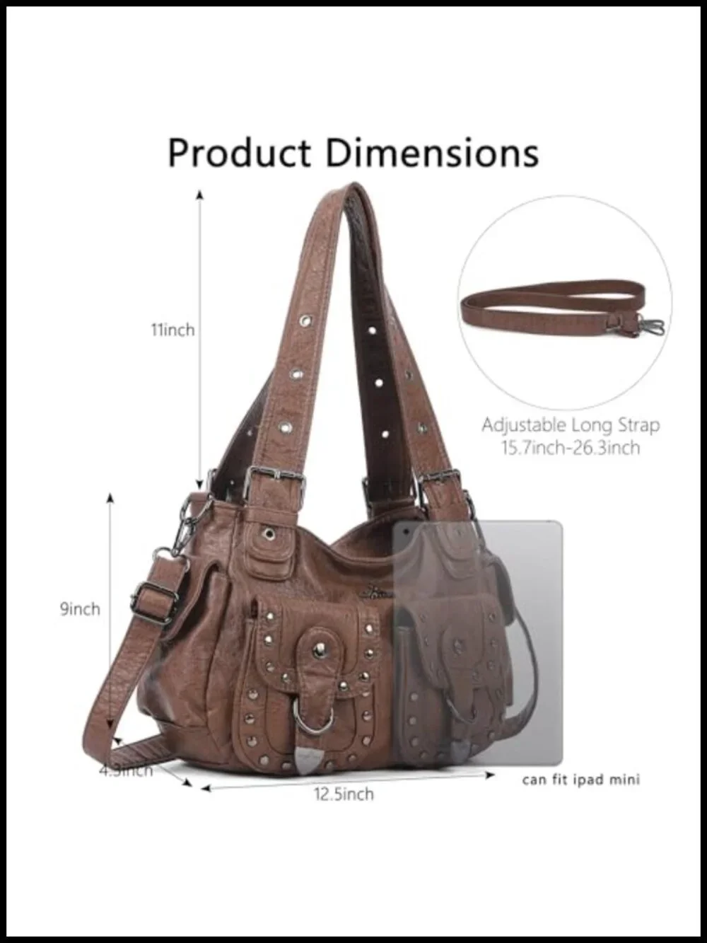 Vegan Leather Hobo Bag Multi Pocket Studded Y2K Shoulder Tote Handbag
